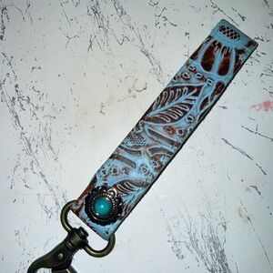 Turquoise and Brown Keychain with Floral Design